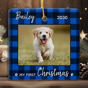 First Christmas Puppy Blue Plaid Dog Pet Photo Ceramic Ornament