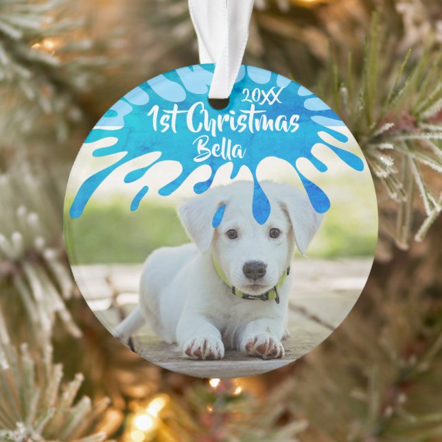 First Christmas Puppy Blue Splash Christmas Photo Ornament (Tree)