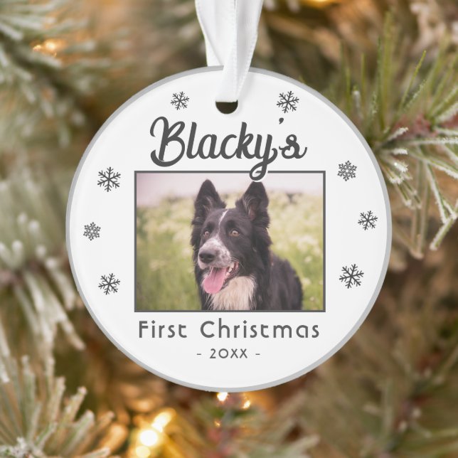 First Christmas Puppy Name Snowflakes Photo  Ornament (Tree)