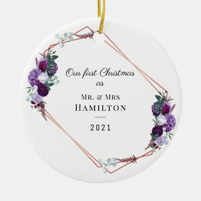 First Christmas Purple Floral Geometric Frame Ceramic Ornament (Front)