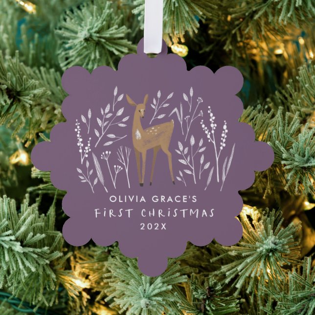 First Christmas purple reindeers elegant 1 photo Ornament Card (Insitu (Tree))