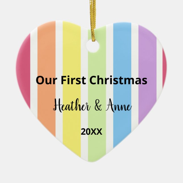 First Christmas Rainbow White Stripes Pastel Ceramic Ornament (Front)