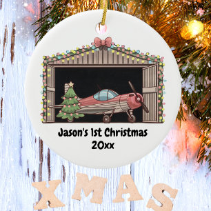 First Christmas Red Airplane Tree Hangar Pilot Boy Ceramic Ornament