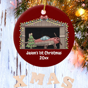First Christmas Red Airplane Tree Hangar Pilot Boy Ceramic Ornament