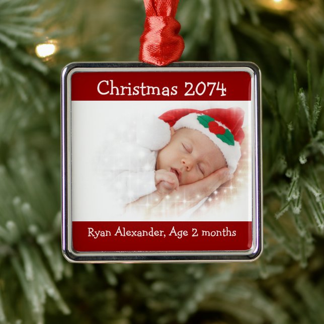 First Christmas Red and White Photo Ornament (Tree)