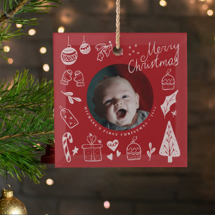 First Christmas Red Cute Hand Drawn Doodles Glass Ornament