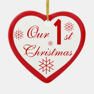 First Christmas red white heart wedding ornament