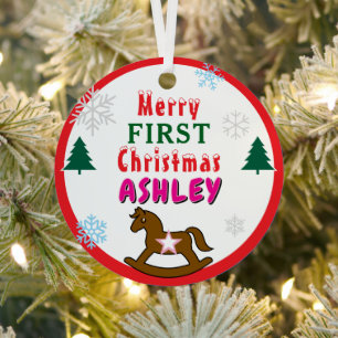 First Christmas Rocking Horse Girl Name ANY AGE Metal Ornament
