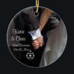 First Christmas Romantic and Elegant Ceramic Ornament<br><div class="desc">A romantic and elegant wedding ornament commemorating your first christmas together as a married couple. A photograph of a couple holding hands. The image focuses on the couples hands clasped together in love, while wearing their fancy wedding attire. She in her wedding gown and he in his tux. The back...</div>