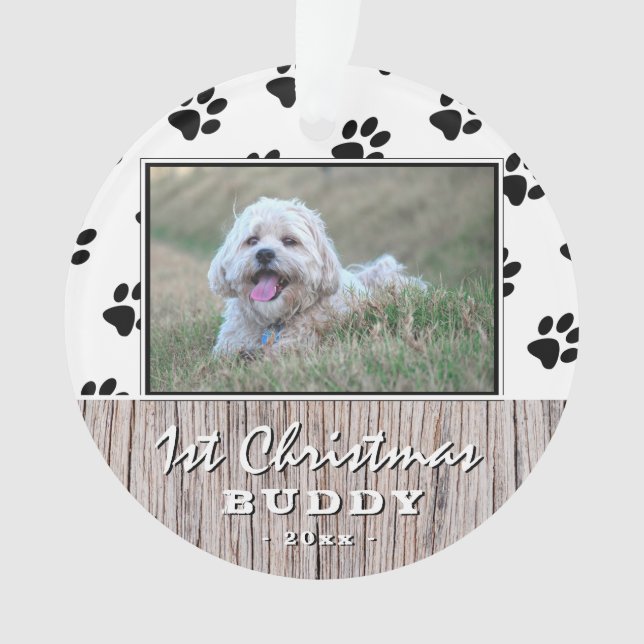 First Christmas Rustic Puppy 2 Photo Paw Pattern Ornament (Front)
