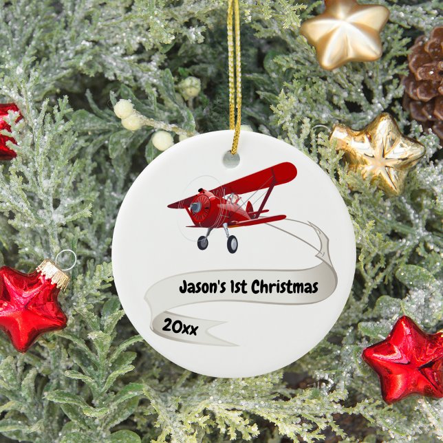 First Christmas Santa Airplane Travel Personalized Ceramic Ornament (Creator Uploaded)