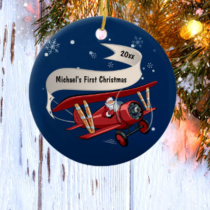 First Christmas Santa Flying Airplane Personalized Ceramic Ornament