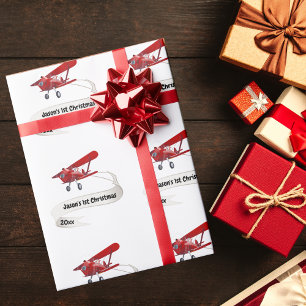 First Christmas Santa Flying Airplane Personalized Wrapping Paper