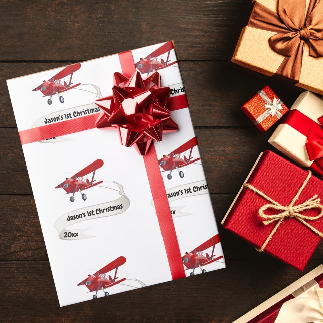 First Christmas Santa Flying Airplane Personalized Wrapping Paper (Creator Uploaded)