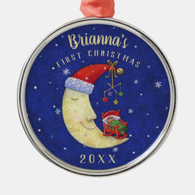 First Christmas Santa Moon w/ Baby Monogram Name Metal Ornament (Front)