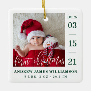First Christmas Script Baby Birth Stats & Photo Ceramic Ornament