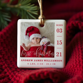 First Christmas Script Baby Birth Stats & Photo Ceramic Ornament