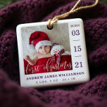 First Christmas Script Baby Birth Stats & Photo Ceramic Ornament<br><div class="desc">Announce and welcome the arrival of your new baby with our simple and modern baby photo birth announcement baby's first Christmas ornament. The design features a single photo layout to display your new baby's photo. "First Christmas" is displayed in a modern white calligraphy overlay with the date of birth displayed...</div>