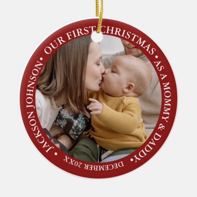 First Christmas Script Baby Birth Stats & Photo Ceramic Ornament (Front)