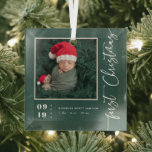 First Christmas Script Baby Birth Stats & Photo  Glass Ornament<br><div class="desc">Whether it's your first baby or a new addition to your existing family, a baby's first Christmas is a very special time for all new parents. This ornament makes the perfect gift. Personalized with name, year and your own photo. "First Christmas" is displayed in a modern calligraphy overlay that can...</div>