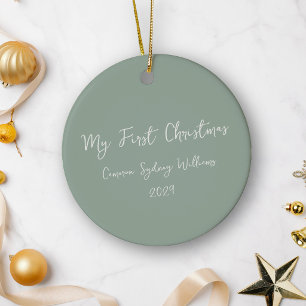 First Christmas Script Baby Photo Sage Green Ceramic Ornament