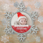 First Christmas Script Baby Photo  Snowflake Pewter Christmas Ornament<br><div class="desc">Modern baby photo first Christmas script snowflake pewter Christmas ornament. Personalize with your favourite baby photo along with your little one's name and date to create a unique memory and gift. A beautiful keepsake to celebrate your new arrival! Designed by Thisisnotme©</div>