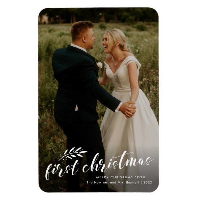First Christmas Script Wedding Photo Holiday Card Magnet (Vertical)