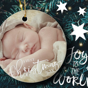 First Christmas Simple Script Custom Baby Photo Ceramic Ornament