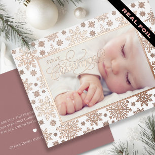 First Christmas Snowflake Frame Rose Gold  Foil Holiday Card