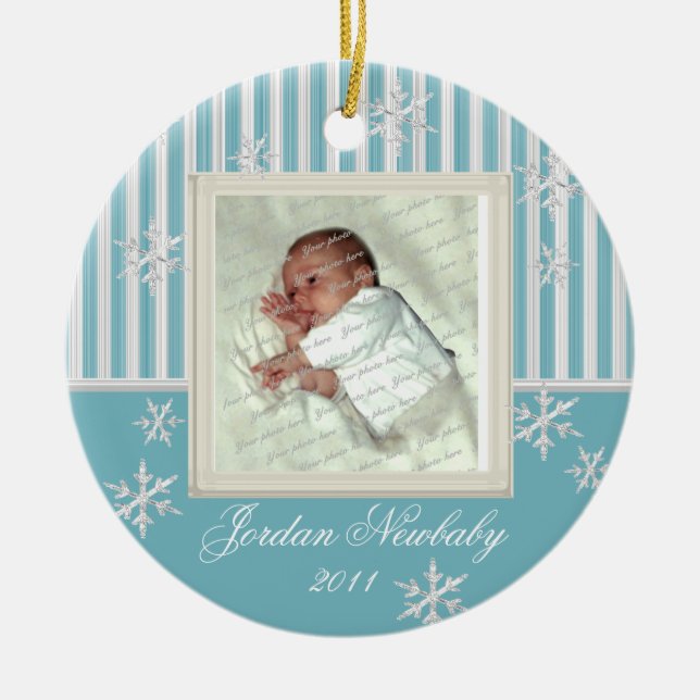 First Christmas Snowflakes Light Blue Ceramic Ornament (Front)