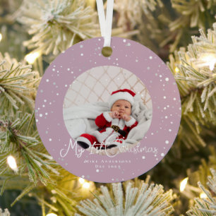 First Christmas snowflakes photo Elegant Magenta  Metal Ornament