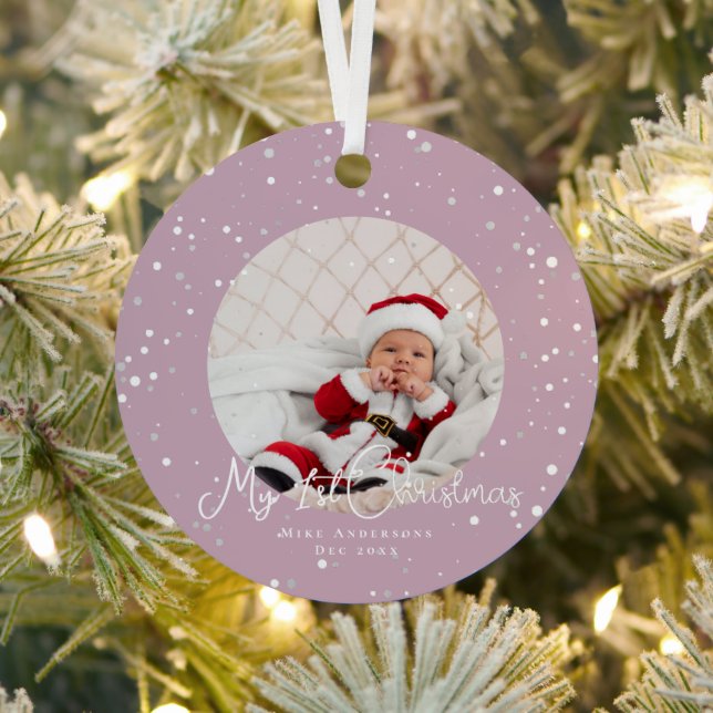 First Christmas snowflakes photo Elegant Magenta  Metal Ornament (Insitu)