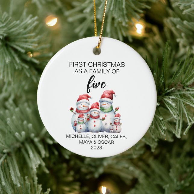 First Christmas Snowman Family of Five Ceramic Ornament (Tree)