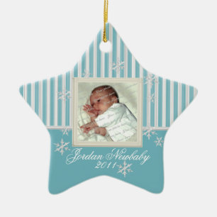 First Christmas Star and Snowflakes Light Blue Ceramic Ornament