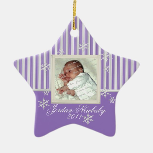 First Christmas Star and Snowflakes Purple Ceramic Ornament (Front)