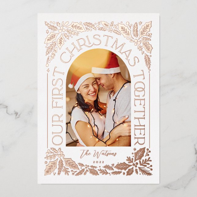 First Christmas Together Arch 3 Photo Collage Foil Holiday Card (Front)
