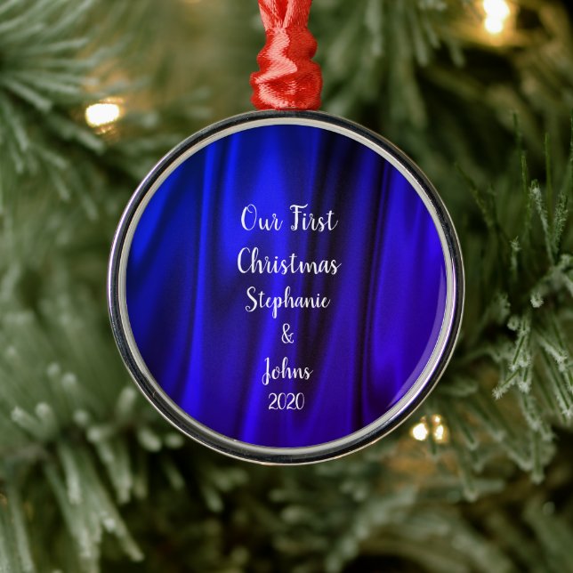 First Christmas Together Bright Blue Satin Royal Metal Ornament (Tree)
