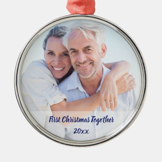 First Christmas Together Couple Photo Monogram Metal Ornament (Front)