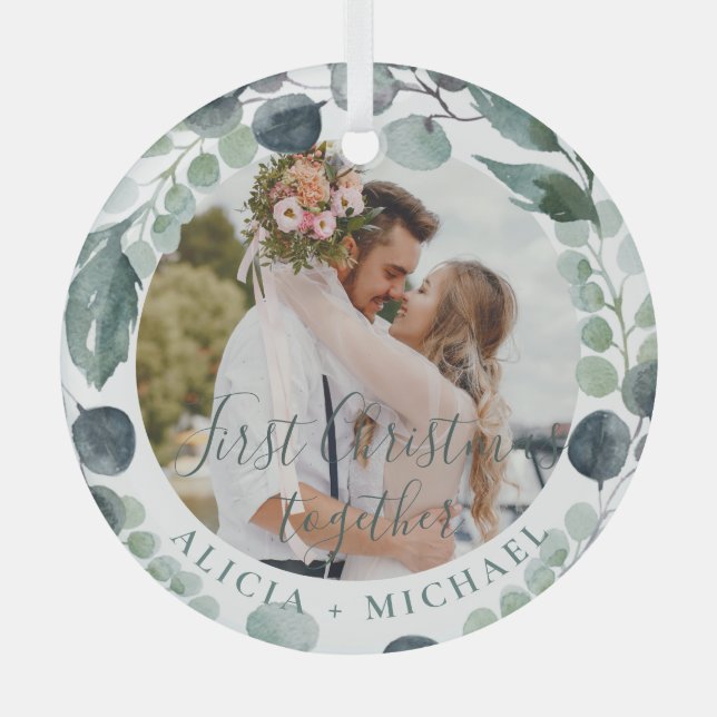 First Christmas together couple photo names Glass Ornament (Front)