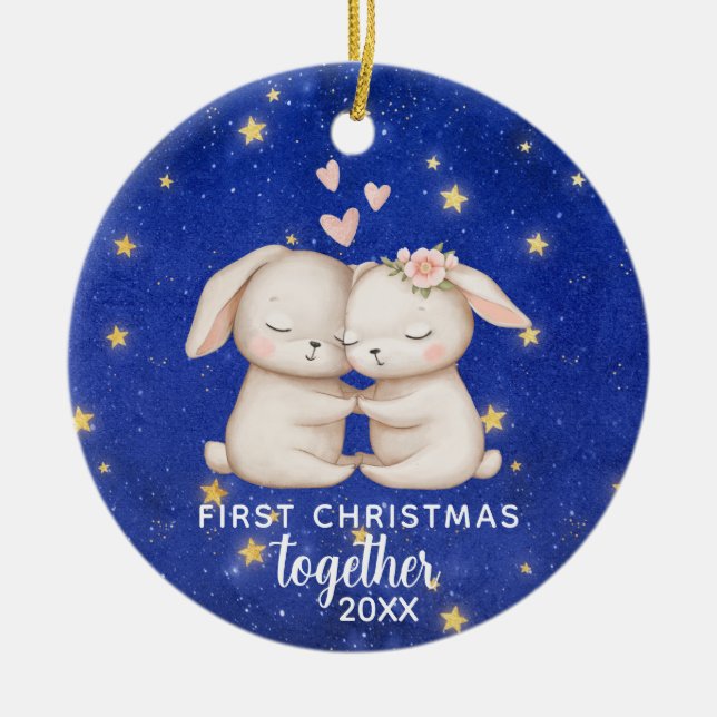 First Christmas Together Custom Bunny Couple Ceramic Ornament (Front)