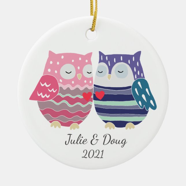 First Christmas Together Cute Owl Couple Custom Ceramic Ornament (Front)