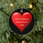 First Christmas Together Cute Red Heart 2019 Black Ceramic Ornament<br><div class="desc">Personalized names and printed with cute red heart design in solid black background. The color of the background can also be changed as you want. Feel free to customize by adding your own texts,  names or photos. You can add your photo on the back side of the ornament easily!</div>
