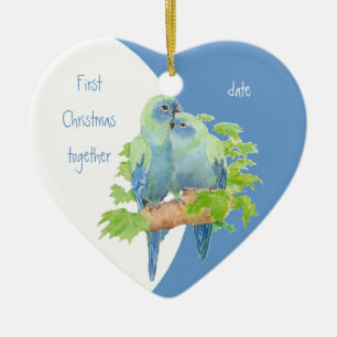 First Christmas Together Dated Cuddling Birds Ceramic Ornament
