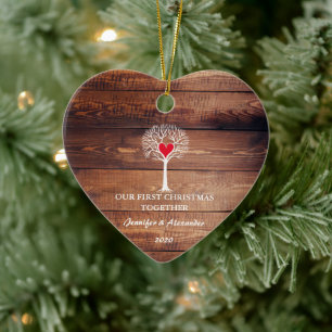 First Christmas together love tree rustic wood Ceramic Ornament