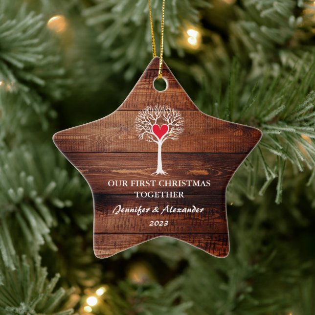 First Christmas together love tree rustic wood Ceramic Ornament (Tree)
