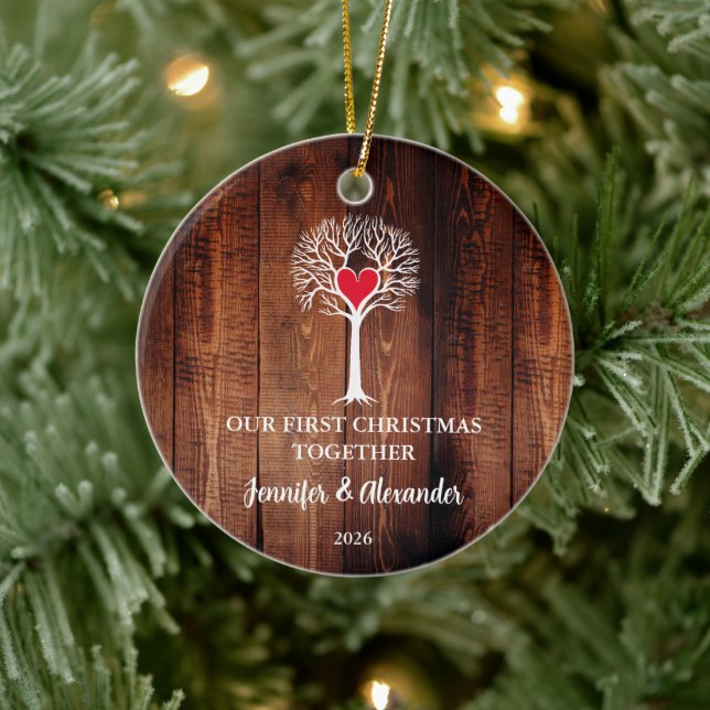 First Christmas together love tree wood photo Ceramic Ornament (Tree)