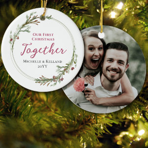 First Christmas Together Minimal Wreath Photo Ceramic Ornament
