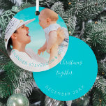 First Christmas together mom new baby custom photo Metal Ornament<br><div class="desc">Mother and newborn baby celebrating First Christmas together your family photo keepsake blue tree ornament. Personalize with your kid's name,  text,  and photo on both sides.               Elegant Christmas tree decoration for years to come or a beautiful gift for your parents or grandparents.</div>