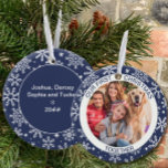 First Christmas Together Photo Blue Snowflake Ceramic Ornament<br><div class="desc">Our First Christmas ornament personalized with your photo, name(s), year and custom text. This holiday ornament is blue and decorated with white snowflakes. It is lettered with "our first christmas together" and you are welcome to edit "together" to wording of your choice. The back has more snowflakes and copyspace for...</div>