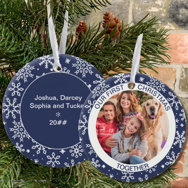 First Christmas Together Photo Blue Snowflake Ceramic Ornament (Creator Uploaded)